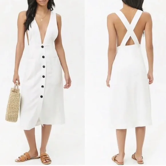 Forever 21 Contemporary Button Front White Midi Apron Style Dress Small